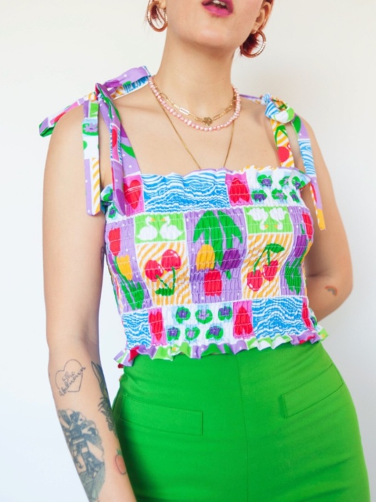 Cherry & Mint Boutique/Etsy Tops - 🌈 CherryAndMint Colorful Fruit Patchwork Shirred Tie Strap Crop Top